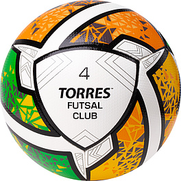 Мяч футзал. TORRES Futsal Club, FS323764, р.4, 10 пан. ПУ, 4 под. сл, гибрид. сш. бело-зел-оранж